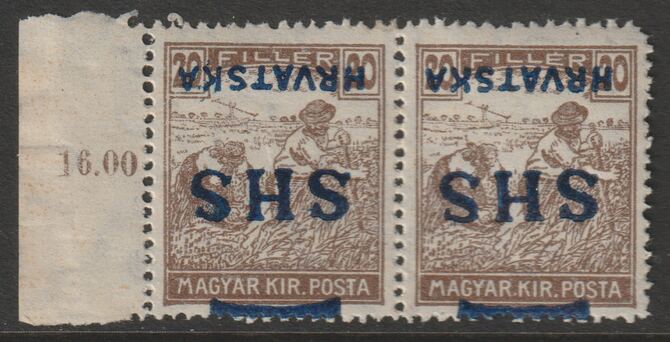 Yugoslavia - Croatia 1918 Harvesters 20f with Hrvatska SHS opt inverted, horiz pair, unmounted mint SG 62var, stamps on , stamps on  stamps on agriulture, stamps on  stamps on farming