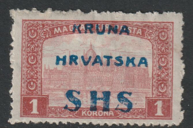 Yugoslavia - Croatia 1918 Parliament 1k with overprint misplaced, mounted mint SG 69var, stamps on parliament, stamps on buildings, stamps on constitutions