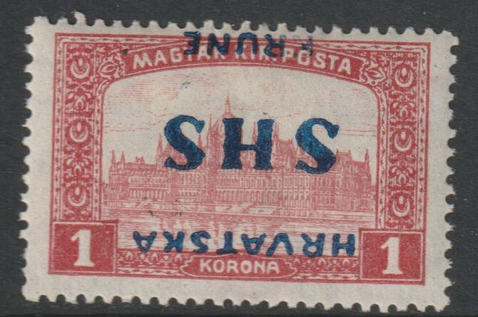 Yugoslavia - Croatia 1918 Parliament 1k with overprint inverted, mounted mint SG 69var, stamps on , stamps on  stamps on parliament, stamps on  stamps on buildings, stamps on  stamps on constitutions