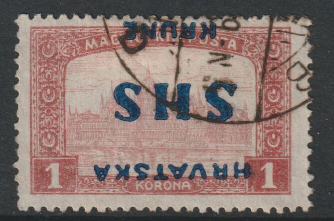 Yugoslavia - Croatia 1918 Parliament 1k with overprint inverted, fine used SG 69var, stamps on , stamps on  stamps on parliament, stamps on  stamps on buildings, stamps on  stamps on constitutions