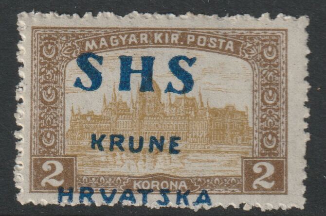 Yugoslavia - Croatia 1918 Parliament 2k with overprint misplaced, mounted mint SG 70var, stamps on , stamps on  stamps on parliament, stamps on  stamps on buildings, stamps on  stamps on constitutions