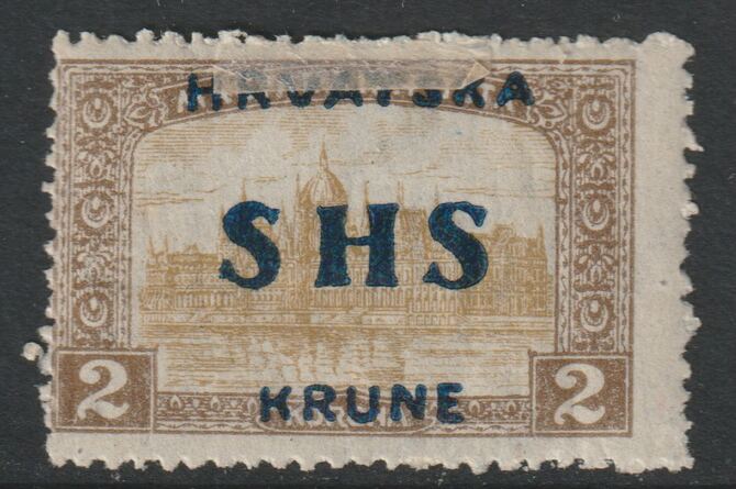 Yugoslavia - Croatia 1918 Parliament 2k with overprint off-set on reverse, mounted mint SG 70var, stamps on parliament, stamps on buildings, stamps on constitutions