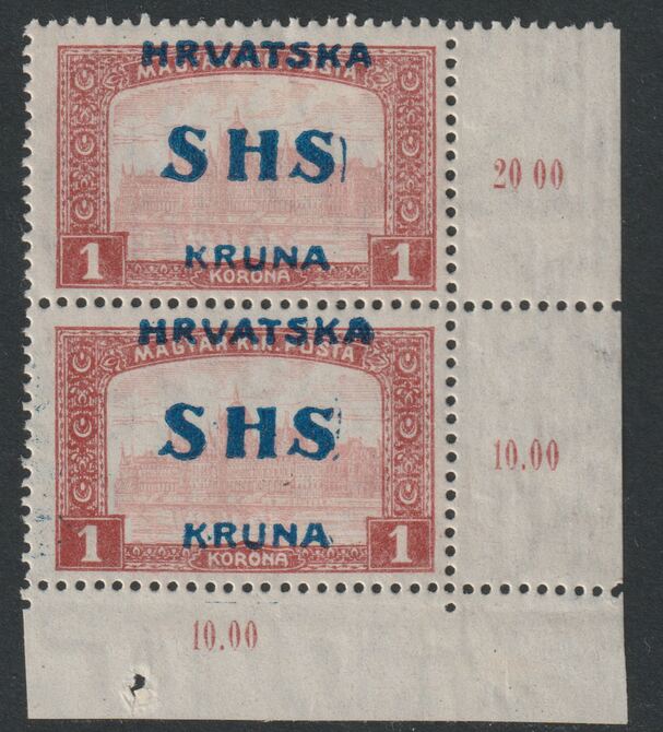 Yugoslavia - Croatia 1918 Parliament 1k mint corner pair one stamp wih vert line after S, one stamp u/m SG 69var, stamps on , stamps on  stamps on parliament, stamps on  stamps on buildings, stamps on  stamps on constitutions