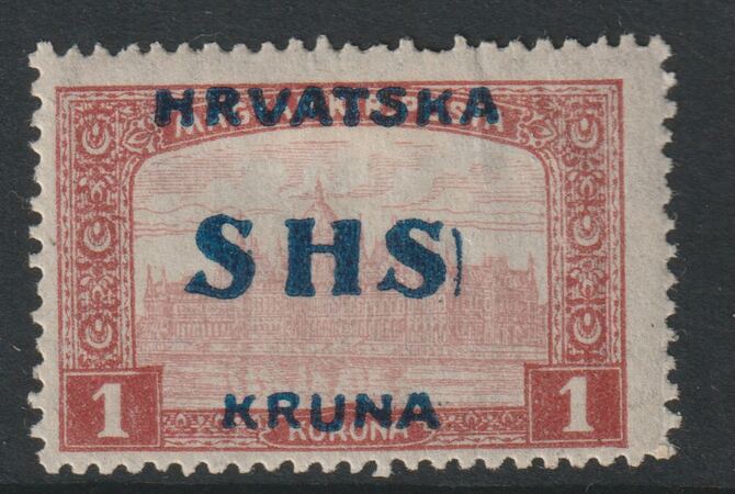 Yugoslavia - Croatia 1918 Parliament 1k wih vert line after S, mounted mint SG 69var, stamps on , stamps on  stamps on parliament, stamps on  stamps on buildings, stamps on  stamps on constitutions