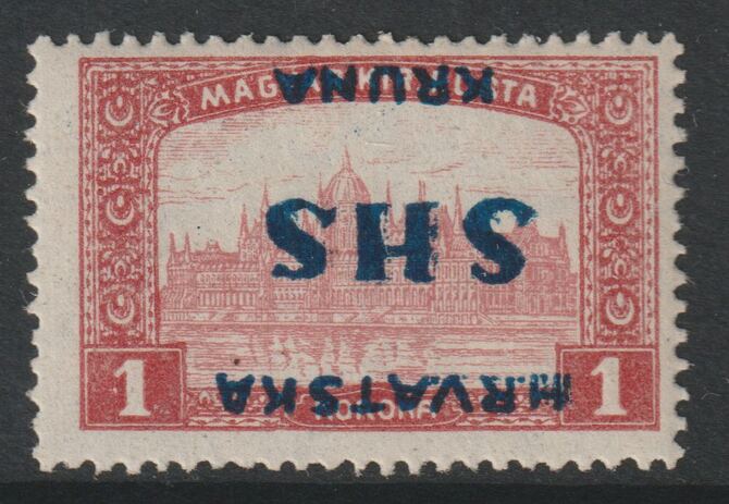 Yugoslavia - Croatia 1918 Parliament 1k with overprint inverted, mounted mint SG 69var, stamps on , stamps on  stamps on parliament, stamps on  stamps on buildings, stamps on  stamps on constitutions