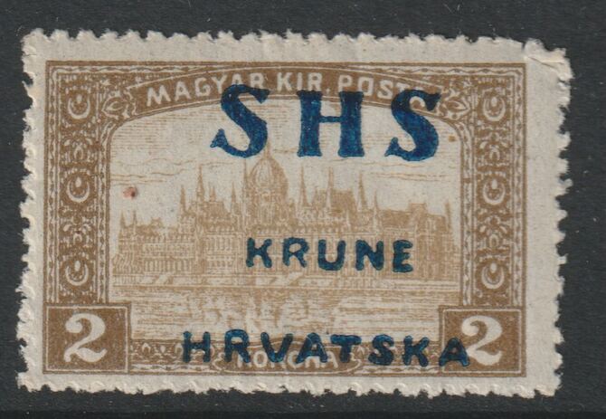 Yugoslavia - Croatia 1918 Parliament 2k with overprint misplaced (Kruna at centre) mounted mint SG 70var, stamps on parliament, stamps on buildings, stamps on constitutions
