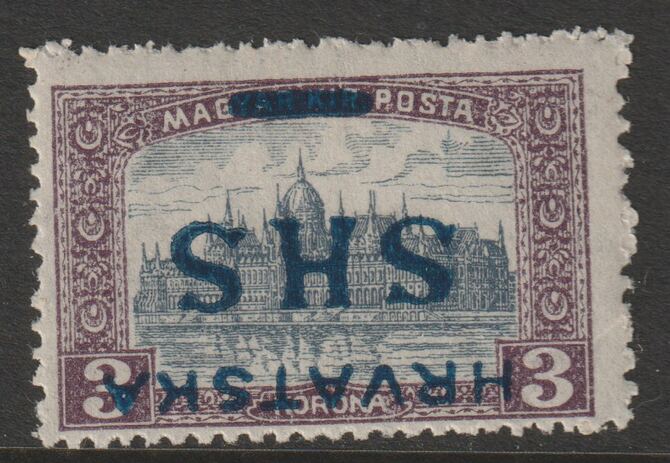 Yugoslavia - Croatia 1918 Parliament 3k with wrong overprint and inverted  unmounted mint SG 71var, stamps on , stamps on  stamps on parliament, stamps on  stamps on buildings, stamps on  stamps on constitutions