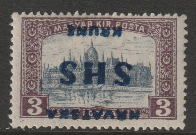 Yugoslavia - Croatia 1918 Parliament 3k with overprint inverted  mounted mint SG 71var, stamps on , stamps on  stamps on parliament, stamps on  stamps on buildings, stamps on  stamps on constitutions