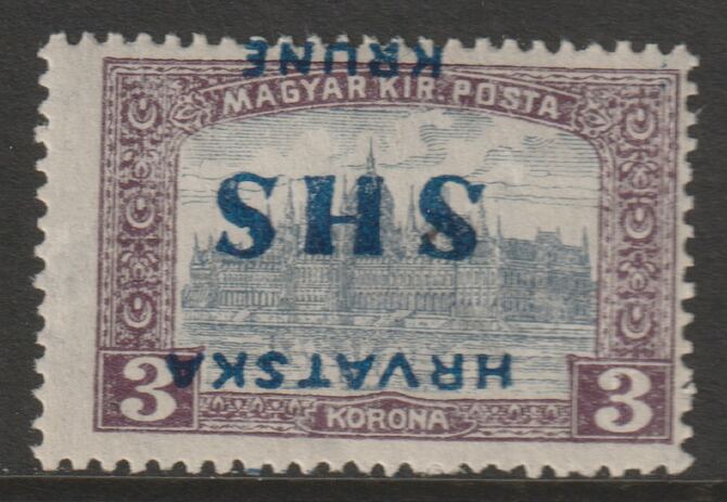Yugoslavia - Croatia 1918 Parliament 3k with overprint inverted  mounted mint SG 71var, stamps on , stamps on  stamps on parliament, stamps on  stamps on buildings, stamps on  stamps on constitutions