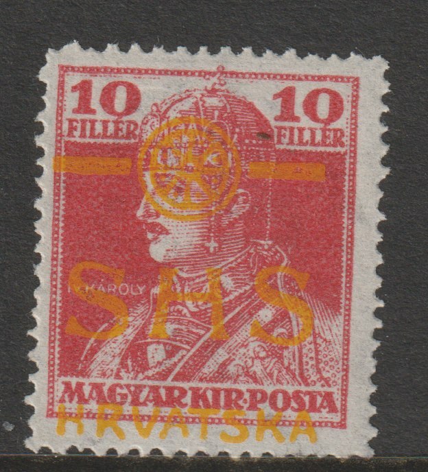 Yugoslavia - Croatia 1918 King Charles 10f with overprint in yellow, mounted mint SG 74var, stamps on , stamps on  stamps on royalty