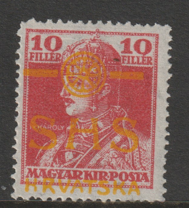 Yugoslavia - Croatia 1918 King Charles 10f with overprint in yellow, mounted mint SG 74var, stamps on , stamps on  stamps on royalty