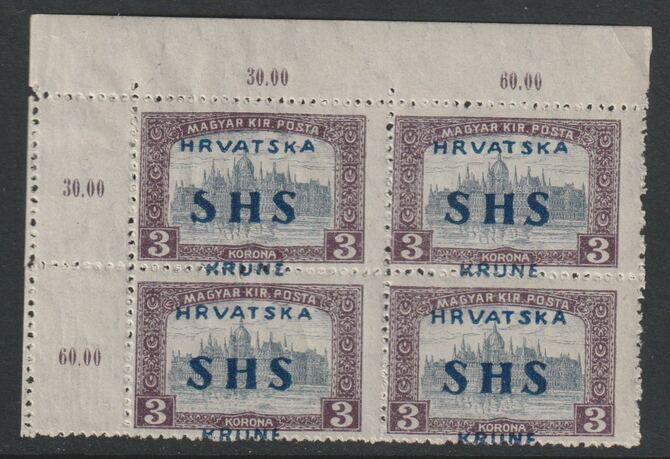 Yugoslavia - Croatia 1918 Parliament 3k corner block of 4 with overprint misplaced (Kruna printed across perforations) 3 stamps unmounted mint SG 71var, stamps on parliament, stamps on buildings, stamps on constitutions