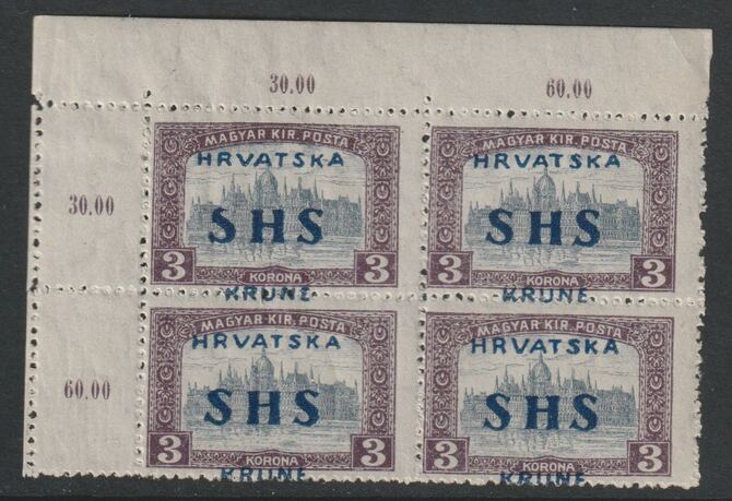 Yugoslavia - Croatia 1918 Parliament 3k corner block of 4 with overprint misplaced (Kruna printed across perforations) 3 stamps unmounted mint SG 71var, stamps on , stamps on  stamps on parliament, stamps on  stamps on buildings, stamps on  stamps on constitutions