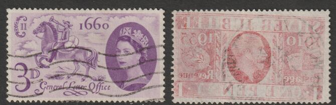 Great Britain 1935 KG5 Silver Jubilee 1d off-set on reverse of 1960 GLO 3d, most unusual, stamps on , stamps on  stamps on silver jubilee