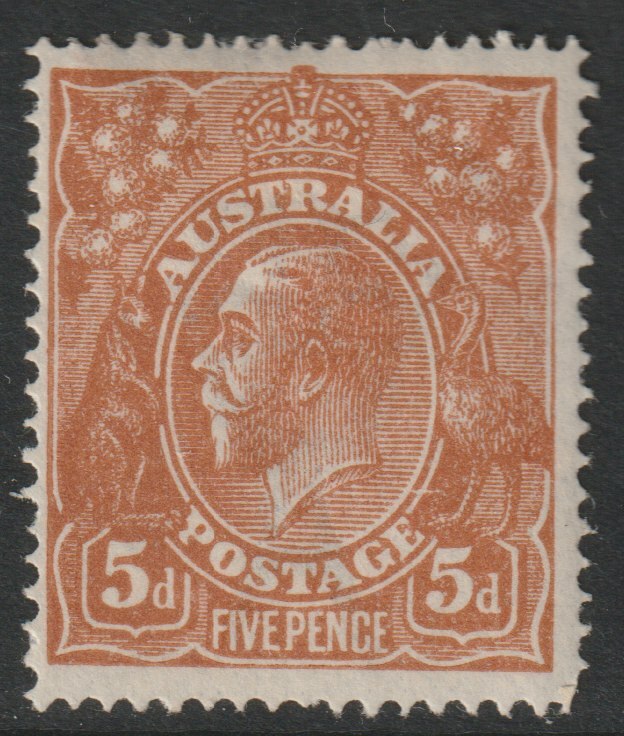 Australia 1914 KG5 5d yellow-brown mounted mint, centred to left, SG23ba, stamps on , stamps on  stamps on , stamps on  stamps on  kg5 , stamps on  stamps on 