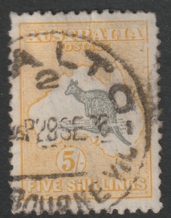 Australia 1915 Roo 5s grey & yellow die II heavy cds cancel, SG42, stamps on kangaroos, stamps on maps