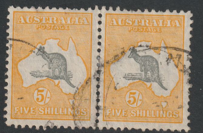 Australia 1929 Roo 5s grey & yellow die II good used horiz pair, SG111, stamps on kangaroos, stamps on maps