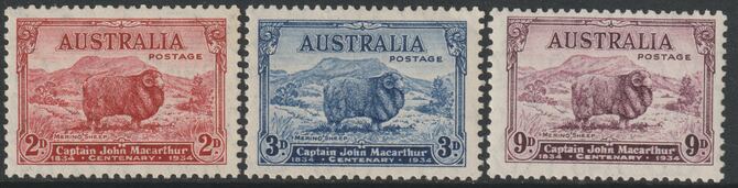 Australia 1934 Captain John Macarthur perf set of 3 lightly mounted mint SG150-52, stamps on sheep