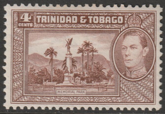 Trinidad & Tobago 1938 KG6 Memorial Park 4c chocolate mounted mint, SG 249, stamps on xxx