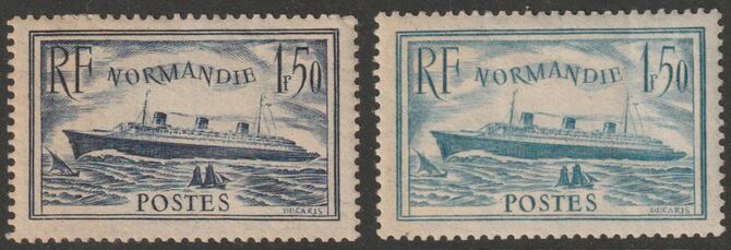 France 1935 Maiden Voyage of Liner Normandie the two shades mounted mint but gum disturbed on both, SG 526 & 526a, stamps on ships