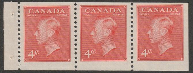 Canada 1949-51 KG6 4c vermilion Booklet pane of 3, two stamps unmounted mint SG423ca, stamps on , stamps on  stamps on , stamps on  stamps on  kg6 , stamps on  stamps on 
