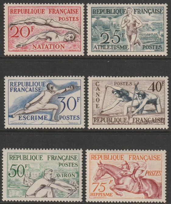 France 1953 Sports perf set of 6 lightly mounted mint, SG 1185-90, stamps on , stamps on  stamps on sport, stamps on  stamps on swimming, stamps on  stamps on running, stamps on  stamps on fencing, stamps on  stamps on canoeing, stamps on  stamps on rowing, stamps on  stamps on horse jumping