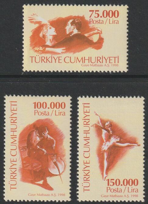 Turkey 1998 Contemporary Culture perf set of 3 unmounted mint, SG 3353-55, stamps on culture, stamps on dance, stamps on dancing, stamps on music