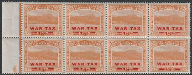 Dominica 1919 War Tax 1.5d on 2.5d orange positional block of 8, one stamp with short fraction bar, unmounted mint SG59 & 59a, stamps on , stamps on  stamps on , stamps on  stamps on  ww1 , stamps on  stamps on 