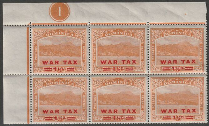 Dominica 1919 War Tax 1.5d on 2.5d orange NW corner block of 6 with Plate No.1, unmounted mint SG 59, stamps on , stamps on  stamps on , stamps on  stamps on  ww1 , stamps on  stamps on 