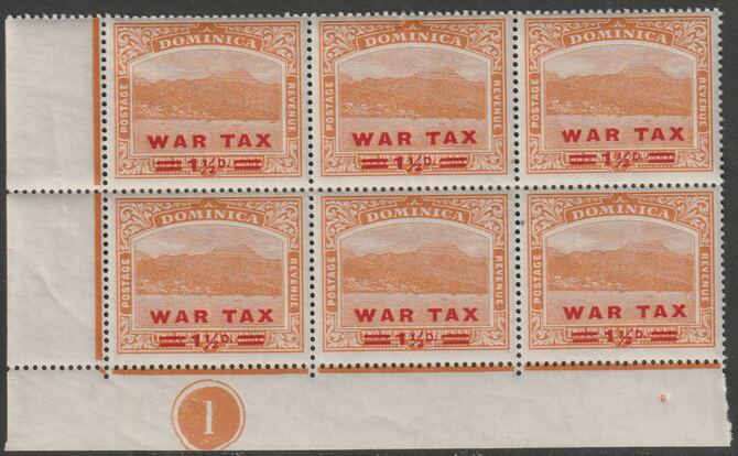 Dominica 1919 War Tax 1.5d on 2.5d orange SW corner block of 6 with Plate No.1, unmounted mint SG 59, stamps on , stamps on  stamps on , stamps on  stamps on  ww1 , stamps on  stamps on 