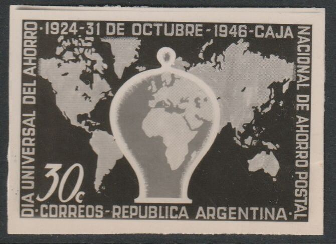 Argentine Republic 1946 Annual Savings Day 30c twice stamp-size black & white photographic proof of issued stamp as SG 788, stamps on maps, stamps on finances