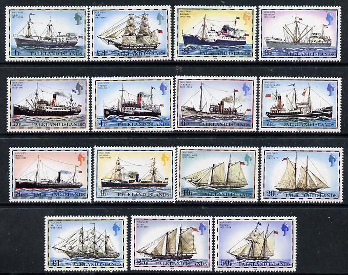 Falkland Islands 1978 Mail Ships complete definitive set of 15 values 1p to A33 with imprint date unmounted mint, SG 331-45B, stamps on , stamps on  stamps on ships