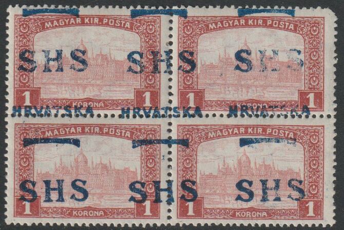Yugoslavia - Croatia 1918 Parliament 1k lake of Hungary block of 4 with wrong SHS opt unmounted mint SG 69var,, stamps on xxx