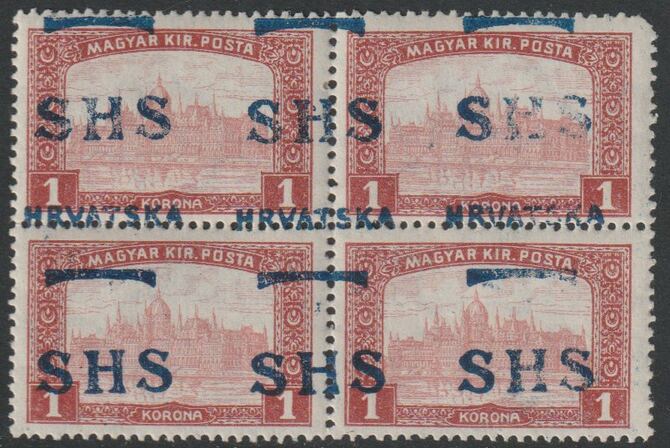 Yugoslavia - Croatia 1918 Parliament 1k lake of Hungary block of 4 with wrong SHS opt unmounted mint SG 69var,, stamps on , stamps on  stamps on xxx