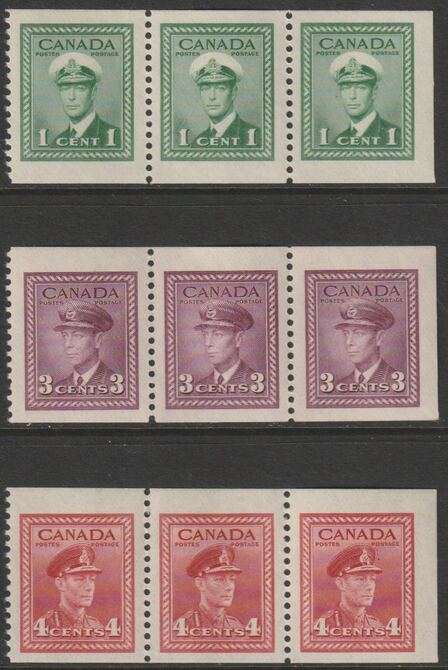 Canada 1943 KG6 booklet stamps set of 3 values (imperf x perf 12) eacg in strips of 3, centre stamp mounted, others u/m SG 394-96, stamps on royalty, stamps on  kg6 , stamps on 