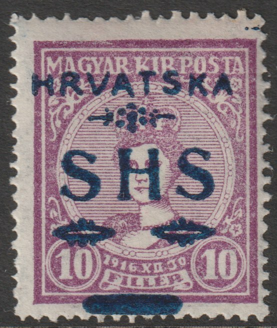 Yugoslavia - Croatia 1918 Coronation 10f magenta with SHS opt in blue, very fine lightly mounted mint SG 81, stamps on xxx