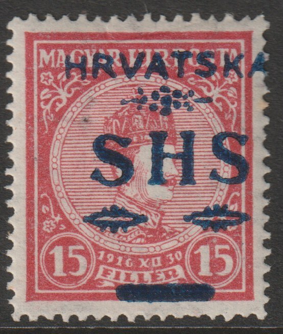 Yugoslavia - Croatia 1918 Coronation 15f red with SHS opt in blue, very fine lightly mounted mint SG 82, stamps on , stamps on  stamps on xxx