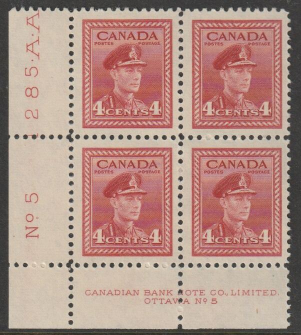 Canada 1943 KG6 4c carmine imprint Plate No.5 block of 4 unmounted mint SG 380, stamps on royalty, stamps on  kg6 , stamps on 