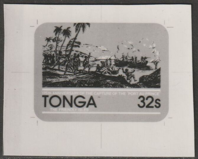 Tonga 1981 175th Anniversary of Capture of Port au Prince 32s black & white photographic proof as SG 799, stamps on ports, stamps on battles