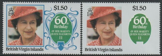 British Virgin Islands 1986 Queen's 60th Birthday $1.50 with blue omitted (frame & ribbons) plus normal both unmounted mint, stamps on , stamps on  stamps on royalty, stamps on  stamps on 60th birthday