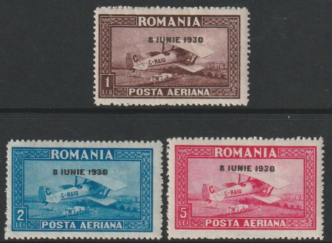 Rumania 1930 Air overprinted set of 3 with horiz wmk unmounted mint SG1147B-49B, stamps on aviation, stamps on bleriot