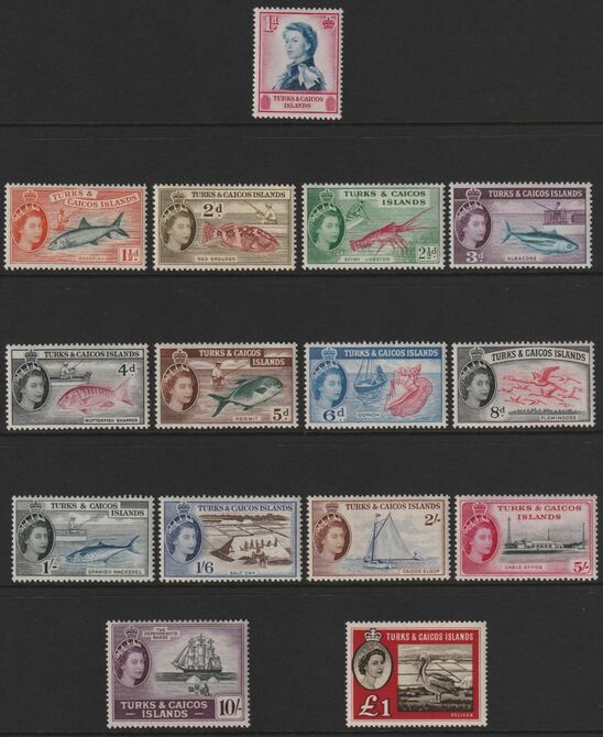 Turks & Caicos Islands 1957 QEII defset complete incl Â£1 values, 15 values all unmounted mint SG237-50 & 253, stamps on marine life, stamps on ships, stamps on fish