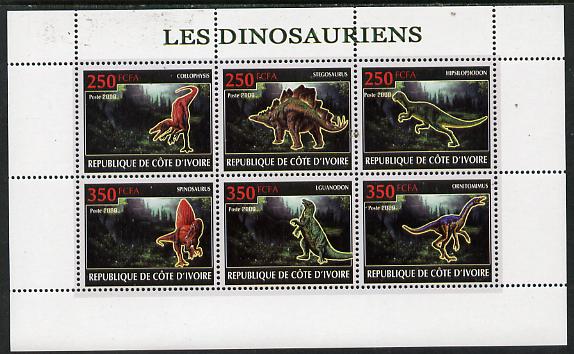 Ivory Coast 2009 Dinosaurs perf sheetlet containing 6 values unmounted mint, stamps on , stamps on  stamps on dinosaurs