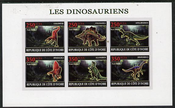 Ivory Coast 2009 Dinosaurs imperf sheetlet containing 6 values unmounted mint, stamps on , stamps on  stamps on dinosaurs