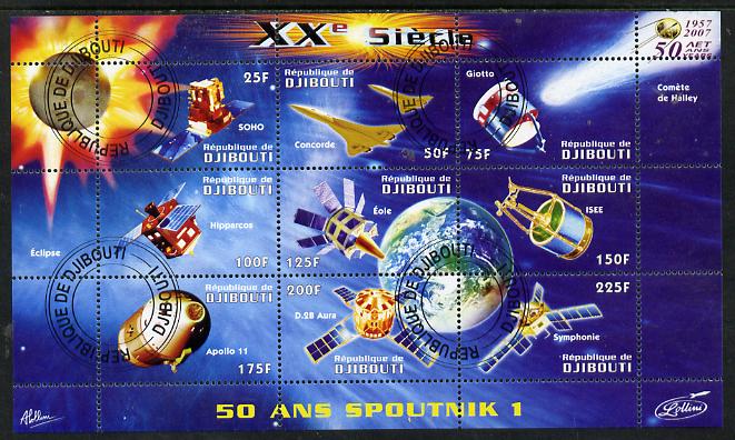 Djibouti 2009 50th Anniversary of Sputnik #02 perf sheetlet containing 9 values fine cto used, stamps on space, stamps on sputnik, stamps on satellites, stamps on aviation, stamps on concorde, stamps on planets, stamps on 
