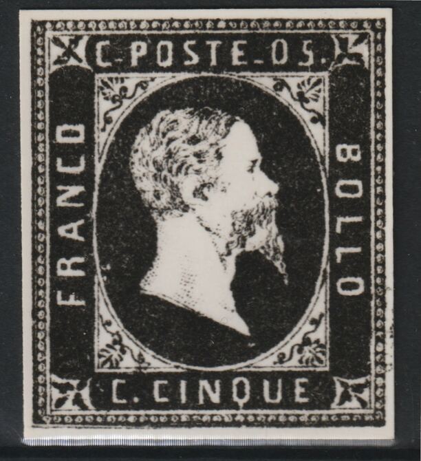 Sardinia 1851 King Victor Emmanuel 5c twice stamp-size Photographic print from Speratis own negative with BPA handstamp on back, superb reference, stamps on sperati, stamps on forgery, stamps on royalty