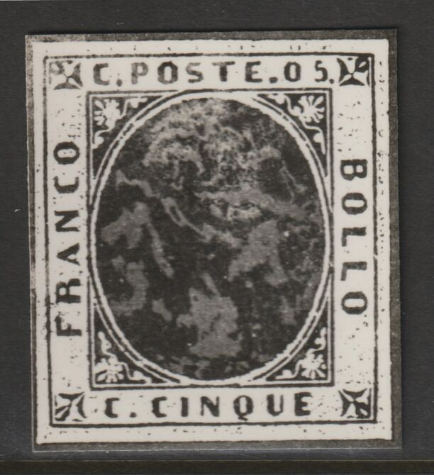 Italy 1851 King Victor Emmanuel 5c with mottled oval, twice stamp-size Photographic print from Sperati's own negative with BPA handstamp on back, superb reference, stamps on , stamps on  stamps on sperati, stamps on  stamps on forgery, stamps on  stamps on royalty