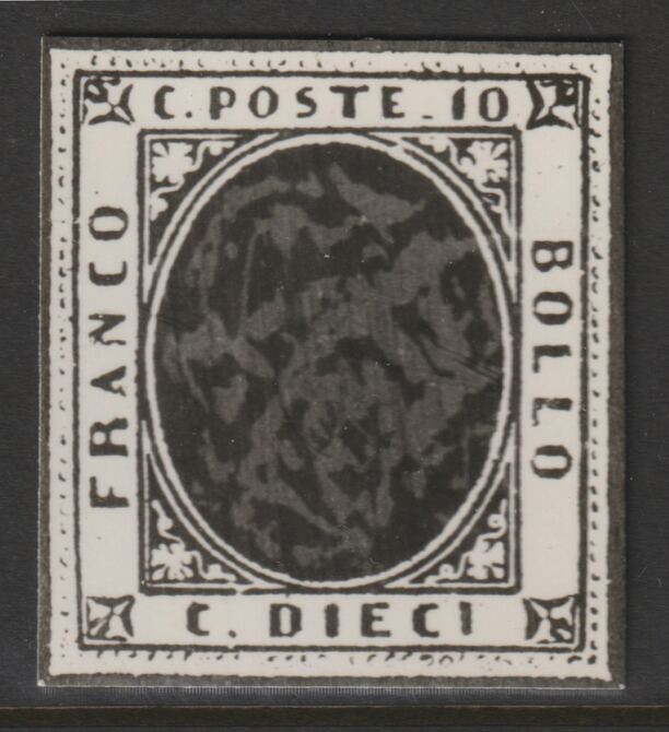 Italy 1851 King Victor Emmanuel 10c with mottled oval, twice stamp-size Photographic print from Speratis own negative with BPA handstamp on back, superb reference, stamps on sperati, stamps on forgery, stamps on royalty
