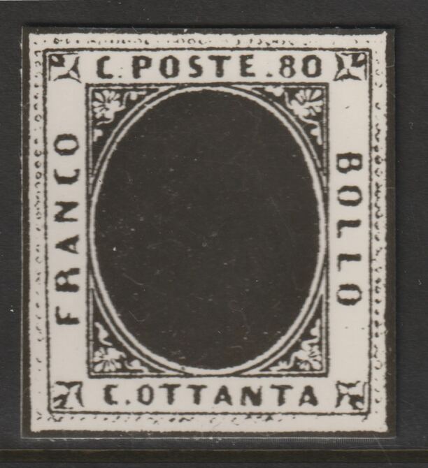 Italy 1851 King Victor Emmanuel 80c with solid oval, twice stamp-size Photographic print from Sperati's own negative with BPA handstamp on back, superb reference, stamps on , stamps on  stamps on sperati, stamps on  stamps on forgery, stamps on  stamps on royalty