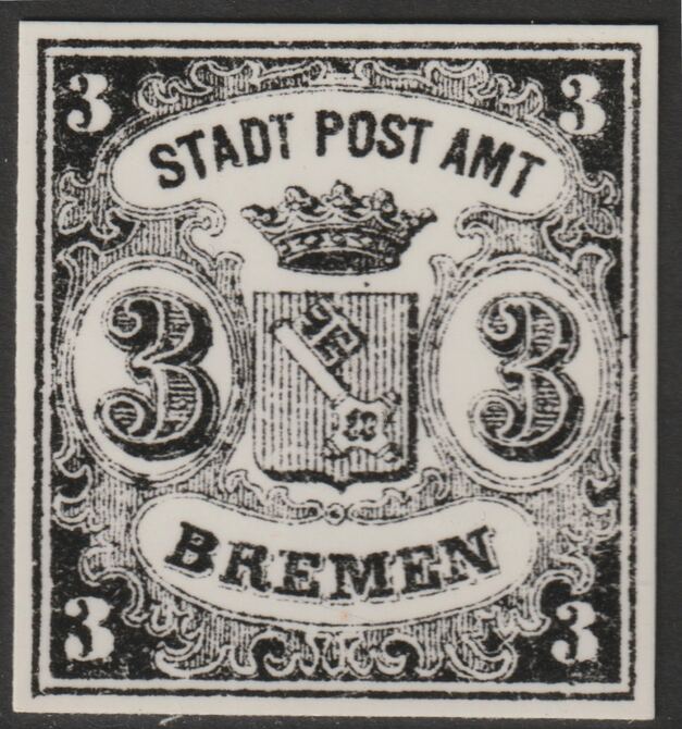 Germany - Bremen 1855 3g twice stamp-size Photographic print from Speratis own negative with BPA handstamp on back, superb reference, stamps on sperati, stamps on forgery, stamps on 